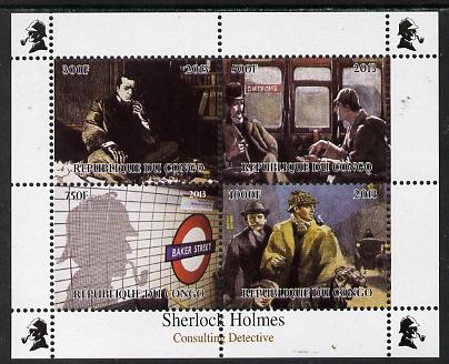 Congo 2013 Sherlock Holmes #1 perf sheetlet containing 4 vals unmounted mint , stamps on crime, stamps on films, stamps on  tv , stamps on films, stamps on cinema, stamps on movies, stamps on railways, stamps on london, stamps on literature, stamps on smoking, stamps on tobacco