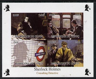Congo 2013 Sherlock Holmes #1 imperf sheetlet containing 4 vals unmounted mint. Note this item is privately produced and is offered purely on its thematic appeal, it has no postal validity, stamps on , stamps on  stamps on crime, stamps on  stamps on films, stamps on  stamps on  tv , stamps on  stamps on films, stamps on  stamps on cinema, stamps on  stamps on movies, stamps on  stamps on railways, stamps on  stamps on london, stamps on  stamps on literature, stamps on  stamps on smoking, stamps on  stamps on tobacco