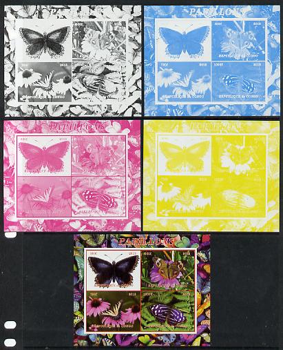 Congo 2013 Butterflies #2 sheetlet containing 4 vals - the set of 5 imperf progressive colour proofs comprising the 4 basic colours plus all 4-colour composite unmounted mint, stamps on butterflies