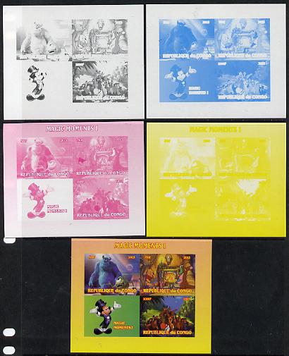 Congo 2013 Disney - Magic Moments #1 sheetlet containing 3 values plus  the set of 5 imperf progressive colour proofs comprising the 4 basic colours plus all 4-colour com..., stamps on disney, stamps on films, stamps on movies, stamps on cinema, stamps on 