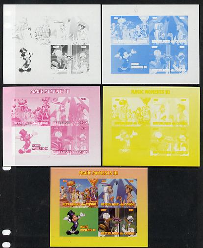 Congo 2013 Disney - Magic Moments #3 sheetlet containing 3 values plus  the set of 5 imperf progressive colour proofs comprising the 4 basic colours plus all 4-colour composite unmounted mint, stamps on disney, stamps on films, stamps on movies, stamps on cinema, stamps on 