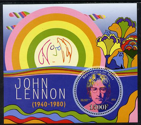 Mali 2013 John Lennon perf deluxe sheet containing one circular value unmounted mint, stamps on personalities, stamps on shaped, stamps on circular, stamps on beatles, stamps on rock, stamps on pops, stamps on music, stamps on lennon