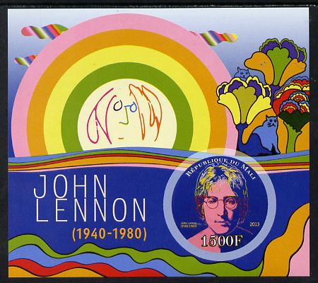Mali 2013 John Lennon imperf deluxe sheet containing one circular value unmounted mint, stamps on personalities, stamps on shaped, stamps on circular, stamps on beatles, stamps on rock, stamps on pops, stamps on music, stamps on lennon