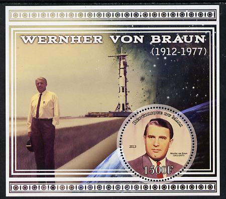 Mali 2013 Werner Von Braun perf deluxe sheet containing one circular value unmounted mint, stamps on personalities, stamps on shaped, stamps on circular, stamps on space, stamps on rockets
