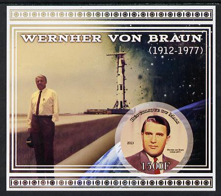 Mali 2013 Werner Von Braun imperf deluxe sheet containing one circular value unmounted mint, stamps on personalities, stamps on shaped, stamps on circular, stamps on space, stamps on rockets