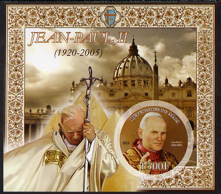Mali 2013 Pope John Paul II imperf deluxe sheet containing one circular value unmounted mint, stamps on , stamps on  stamps on personalities, stamps on  stamps on shaped, stamps on  stamps on circular, stamps on  stamps on pope, stamps on  stamps on popes