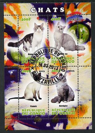 Congo 2013 Domestic Cats #1 perf sheetlet containing four values fine cto used, stamps on cats