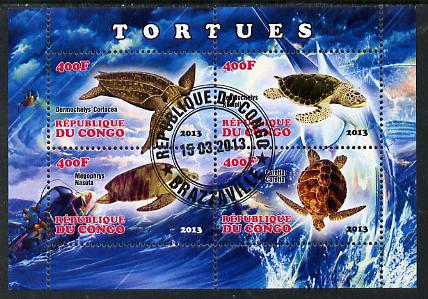Congo 2013 Turtles perf sheetlet containing four values fine cto used, stamps on turtles