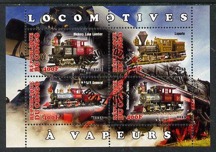 Congo 2013 Early Steam Locomotives perf sheetlet containing four values fine cto used, stamps on railways