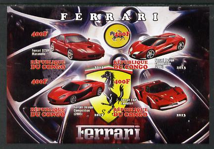Congo 2013 Ferrari Cars #1 imperf sheetlet containing four values unmounted mint, stamps on cars, stamps on ferrari