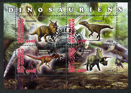 Congo 2013 Dinosaurs #1 perf sheetlet containing four values fine cto used, stamps on dinosaurs