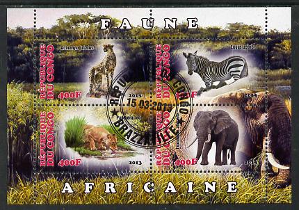 Congo 2013 African Animals #1 perf sheetlet containing four values fine cto used, stamps on animals, stamps on cats, stamps on lions, stamps on elephants, stamps on zebra