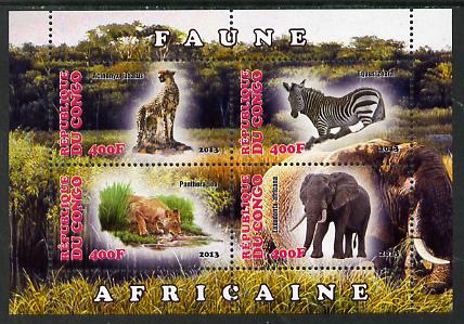 Congo 2013 African Animals #1 perf sheetlet containing four values unmounted mint, stamps on animals, stamps on cats, stamps on lions, stamps on elephants, stamps on zebra