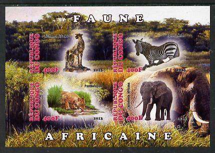 Congo 2013 African Animals #1 imperf sheetlet containing four values unmounted mint, stamps on animals, stamps on cats, stamps on lions, stamps on elephants, stamps on zebra