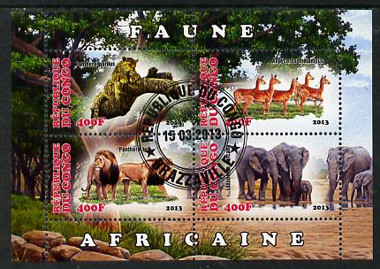 Congo 2013 African Animals #2 perf sheetlet containing four values fine cto used, stamps on animals, stamps on cats, stamps on lions, stamps on elephants, stamps on antelope