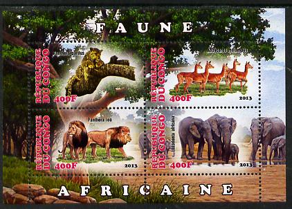 Congo 2013 African Animals #2 perf sheetlet containing four values unmounted mint, stamps on animals, stamps on cats, stamps on lions, stamps on elephants, stamps on antelope