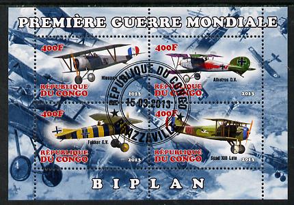 Congo 2013 Bi-Planes of World War I perf sheetlet containing four values fine cto used, stamps on aviation, stamps on  ww1 , stamps on 