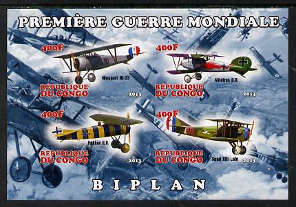 Congo 2013 Bi-Planes of World War I imperf sheetlet containing four values unmounted mint, stamps on aviation, stamps on  ww1 , stamps on 