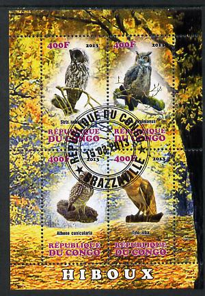 Congo 2013 Birds - Owls perf sheetlet containing four values fine cto used, stamps on , stamps on  stamps on birds, stamps on  stamps on birds of prey, stamps on  stamps on owls