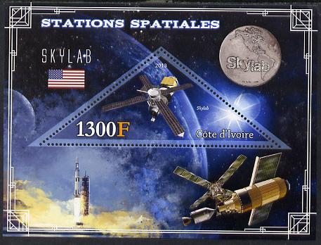 Ivory Coast 2013 Space Stations - Skylab perf m/sheet containing triangular value unmounted mint, stamps on space, stamps on triangular, stamps on science, stamps on shaped