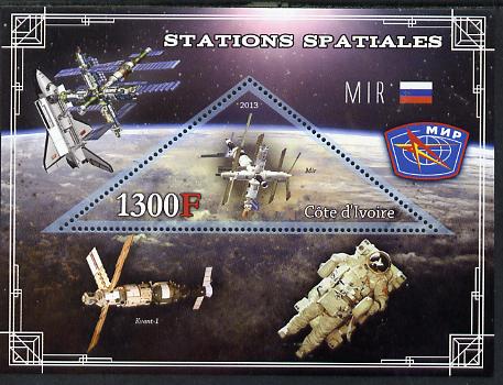 Ivory Coast 2013 Space Stations - MIR perf m/sheet containing triangular value unmounted mint, stamps on space, stamps on triangular, stamps on science, stamps on shaped