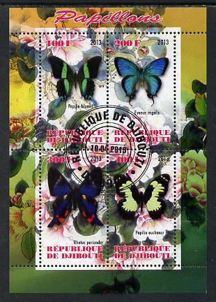 Djibouti 2013 Butterflies #1 perf sheetlet containing 4 values cto used, stamps on dinosaurs