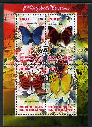 Djibouti 2013 Butterflies #2 perf sheetlet containing 4 values cto used, stamps on dinosaurs