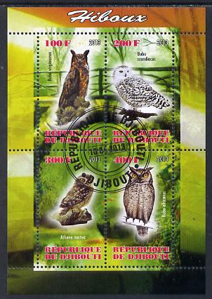 Djibouti 2013 Owls #1 perf sheetlet containing 4 values cto used, stamps on birds, stamps on birds of prey, stamps on owls