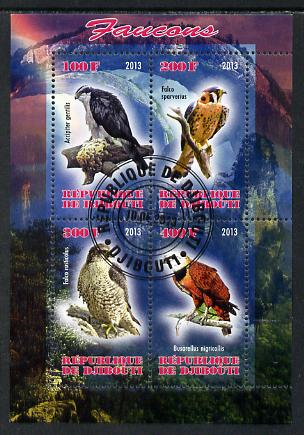 Djibouti 2013 Falcons perf sheetlet containing 4 values cto used, stamps on , stamps on  stamps on birds, stamps on  stamps on birds of prey, stamps on  stamps on falcons