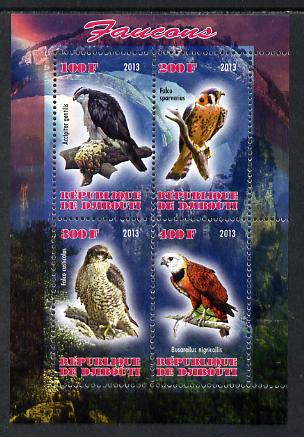 Djibouti 2013 Falcons perf sheetlet containing 4 values unmounted mint, stamps on , stamps on  stamps on birds, stamps on  stamps on birds of prey, stamps on  stamps on falcons