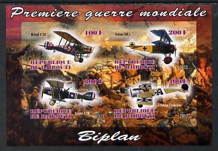Djibouti 2013 Aircraft of WW1 (Biplanes) imperf sheetlet containing 4 values unmounted mint, stamps on aviation, stamps on  ww1 , stamps on 