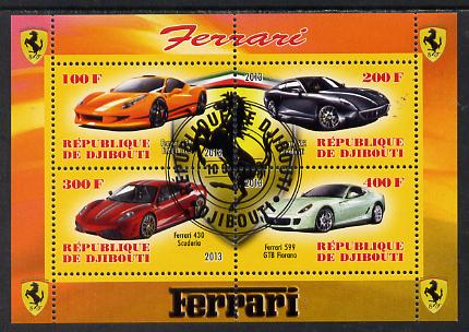 Djibouti 2013 Ferrari Cars #1 perf sheetlet containing 4 values cto used, stamps on cars, stamps on ferrari