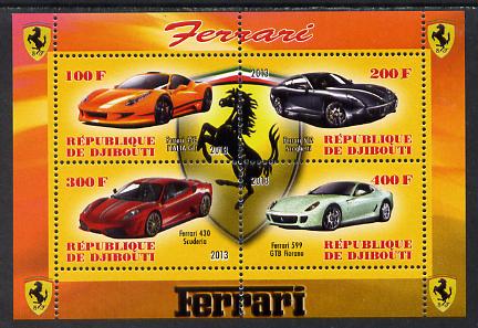 Djibouti 2013 Ferrari Cars #1 perf sheetlet containing 4 values unmounted mint, stamps on cars, stamps on ferrari