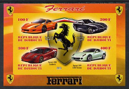 Djibouti 2013 Ferrari Cars #1 imperf sheetlet containing 4 values unmounted mint, stamps on cars, stamps on ferrari