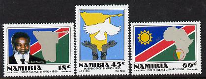 Namibia 1990 Independence set of 3 unmounted mint SG 538-40, stamps on maps, stamps on flags, stamps on doves