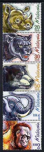 Malaysia 1999 Protected Mammals perf strip of 5 unmounted mint SG 731-9, stamps on , stamps on  wwf , stamps on animala, stamps on cats, stamps on rhinos, stamps on bears, stamps on elephants, stamps on apes