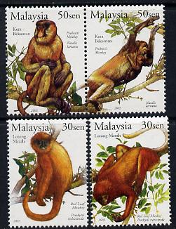 Malaysia 2003 Stamp Week - Primates of Malaysia perf set of 4 unmounted mint SG 1177-80, stamps on postal, stamps on apes