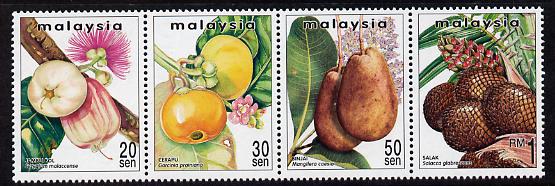 Malaysia 1999 Rare Fruits of Malaysia perf strip of 4 unmounted mint SG 719-22, stamps on fruit