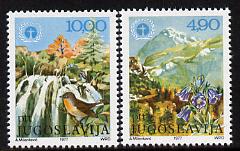 Yugoslavia 1977 Environment Protection Day perf set of 2 unmounted mint, SG 1775-76, stamps on environment, stamps on waterfalls, stamps on mountains, stamps on birds