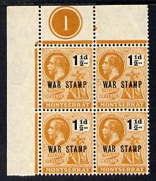 Montserrat 1919 KG5  War Stamp 1.5d black & orange NW corner block of 4 with plate number 1 unmounted mint, SG 62 few split perfs, stamps on , stamps on  kg5 , stamps on  ww1 , stamps on 