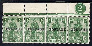 Malta 1926 Postage overprint on 1/2d green top marginal strip of 4 with plate number 2 unmounted mint, SG 144, stamps on 