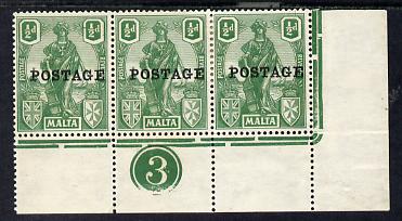 Malta 1926 Postage overprint on 1/2d green SE corner strip of 3 with plate number 3 mounted mint, SG 144, stamps on 