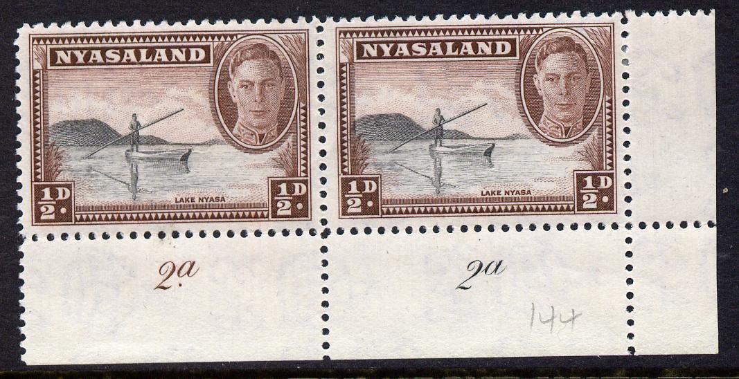 Nyasaland 1945 KG6 1/2d Lake Nyasa SE corner pair with plate no.2a-2a mounted mint, SG 144, stamps on , stamps on  kg6 , stamps on lakes