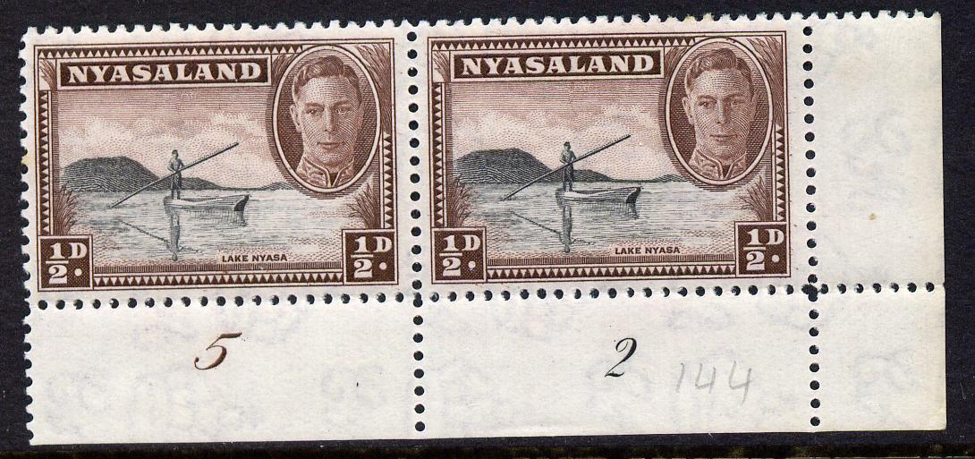 Nyasaland 1945 KG6 1/2d Lake Nyasa SE corner pair with plate no.5-2 mounted mint, SG 144, stamps on , stamps on  kg6 , stamps on lakes