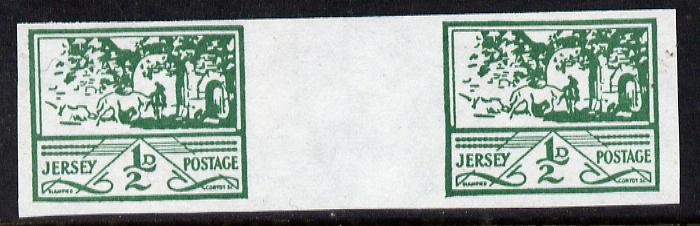 Jersey 1943-44 Occupation 1/2d green imperf inter-paneau gutter pair as designed by Blampied on ungummed paper and assumed to be a reprint, as SG 3, stamps on , stamps on  kg5 , stamps on  ww2 , stamps on 