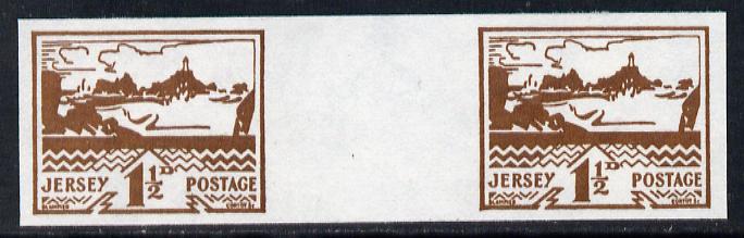 Jersey 1943-44 Occupation 1.5d brown imperf inter-paneau gutter pair as designed by Blampied on ungummed paper and assumed to be a reprint, as SG 5, stamps on , stamps on  kg5 , stamps on  ww2 , stamps on lighthouses