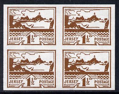Jersey 1943-44 Occupation 1.5d brown imperf block of 4 as designed by Blampied on ungummed paper and assumed to be a reprint, as SG 5, stamps on , stamps on  kg5 , stamps on  ww2 , stamps on lighthouses
