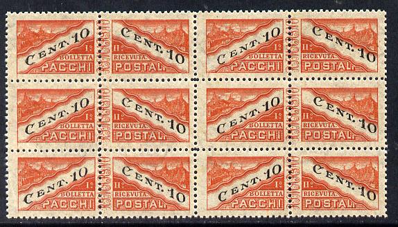 San Marino 1945-46 Parcel Post 10c red-brown & black block of 12 (4x3) being 6 se-tenant pairs unmounted mint SG P310, stamps on 