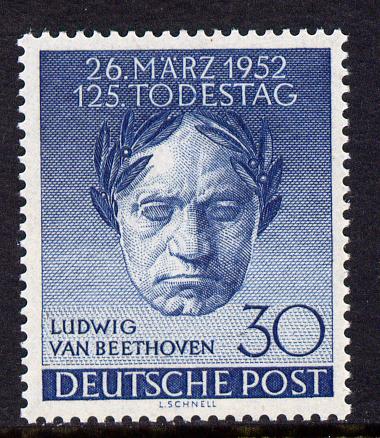 Germany - West Berlin 1952 125th Death Anniversary of Beethoven 30pf unmounted mint, SG B87, stamps on personalities, stamps on beethoven, stamps on opera, stamps on music, stamps on composers, stamps on deaf, stamps on disabled, stamps on masonry, stamps on masonics