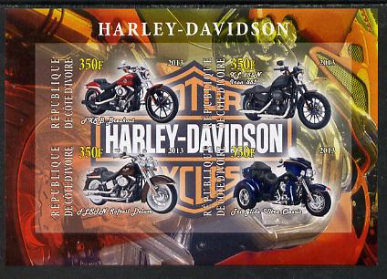 Ivory Coast 2013 Harley Davidson Motorcycles imperf sheetlet containing 4 values unmounted mint, stamps on motorbikes, stamps on harley